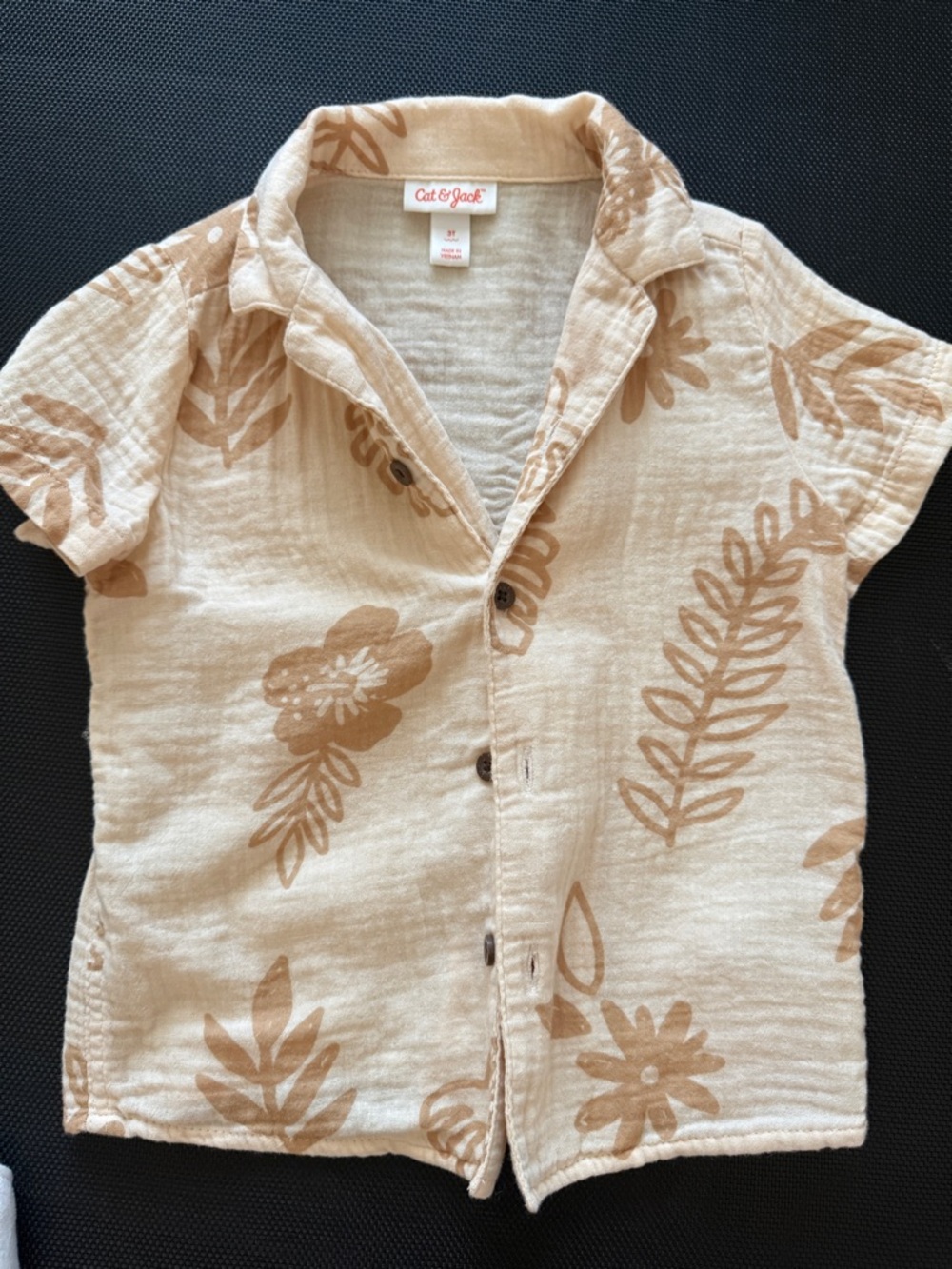 Kids Beige Floral Short-Sleeve Button Shirt size 3T